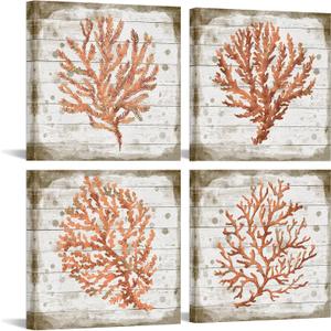 Orange Coral Canvas Set of 4 Ready to Hang Ocean Beach Wall Art for Bedroom Bathroom Framed Watercolor Prints Marine Plants Pictures Home Decoration Each Panel 16x16inch (Medium)