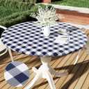 Smiry Round Picnic Tablecloth, Elastic Waterproof Fitted Vinyl Tablecloths for 31"-35" Tables, Flannel Backed Buffalo Plaid Table Cover for Dining, Camping, Outdoor, White and Navy