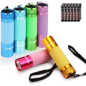 EverBrite 6-Pack Mini Flashlights, Glow in Dark Flashlights, Aluminum LED Flashlights Party Favors Assorted Colors for Camping, Hiking, Indoor, 18XAAA Batteries Included