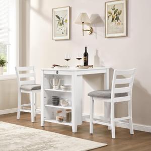Small Bar Table and Chairs Set for 2, 3-Piece Kitchen Dining Room Table Set with Storage Shelves & Charging Station, Space-Saving Kitchen Breakfast Nook, White