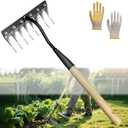Upgraded Weed Puller Tool, Rust-Proof Manual Weed rake (cultivates Soil with Wooden Handle), 8-Tine Manganese Steel Iron rake for Gardening/Weeding, Gardinia uprooting Tool