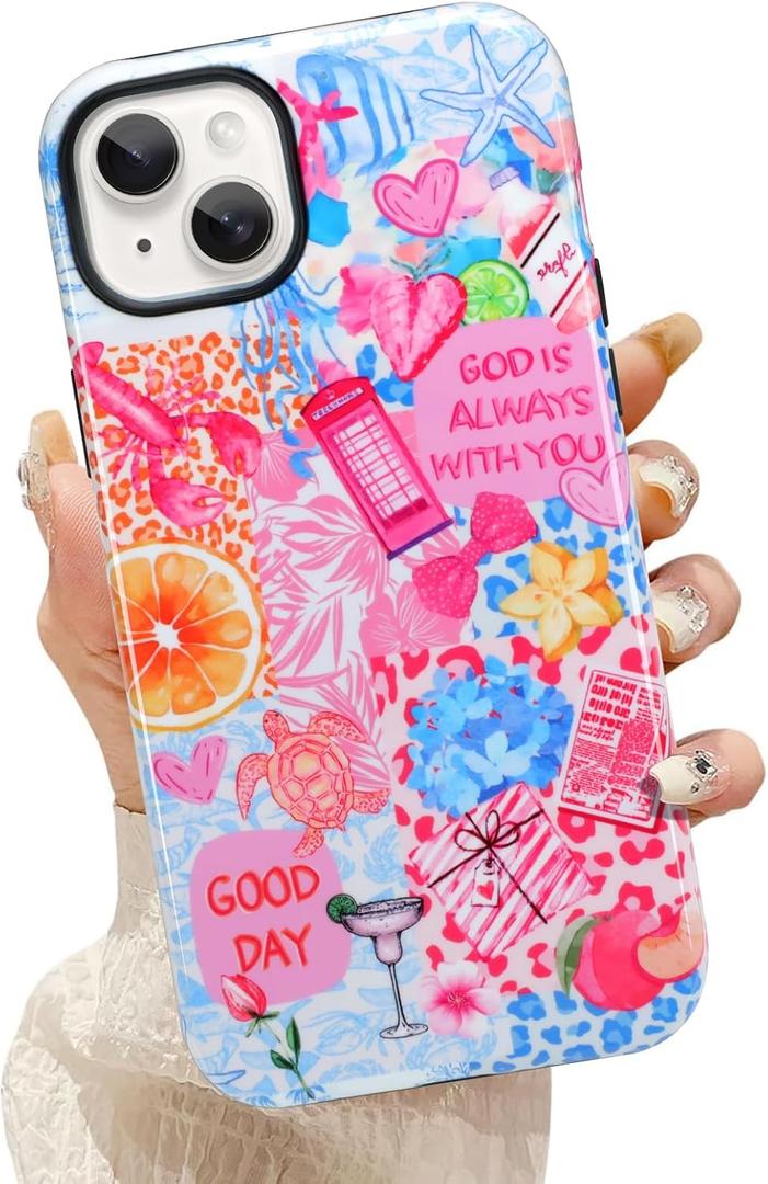 KANGHAR Case Compatible with iPhone 14 Compatible with Magsafe Summer Collage Coastal Scratch Resistant Hybrid 2-Layer Hard Protective Phone Cover for Girl Women Boy Men 6.1 Inch Pink