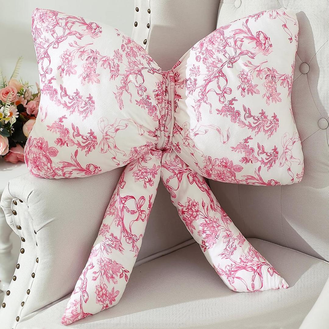Bow Shaped Throw Pillow 24 Inch Large Pink and White Chinoiserie Floral Pillow Decorative Coquette Love Shack Fancy Decor for Sofa Bed Couch Living Room