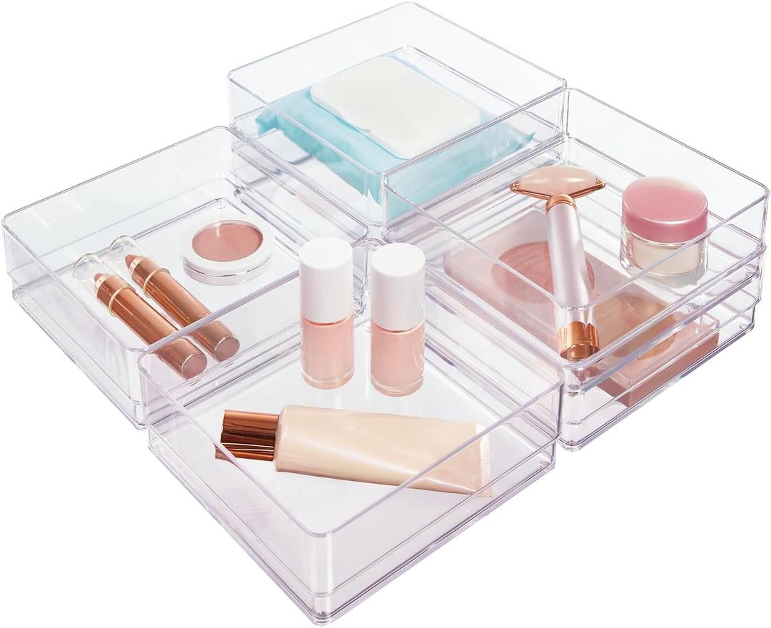 STORi SimpleSort 6-Piece Stackable Clear Drawer Organizer Set | 6" x 6" x 2" Square Trays | Small Makeup Vanity Storage Bins and Office Desk Drawer Dividers | Made in USA