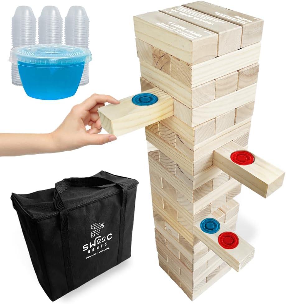 SWOOC Games - Giant Tower Party Game with Hidden Jello - Includes Disposable Cups, Lids & Carrying Case - Stacks up to 5ft - Topple Game for Adults - Giant Outdoor Games - Jumbo Block Fun