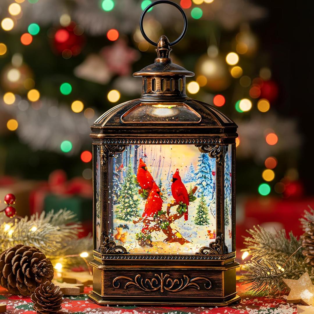 Christmas Snow Globe Water Glittering Cardinal with Music, USB Lined/Battery Operated Lighted Lantern for Christmas Festival Decoration Gifts