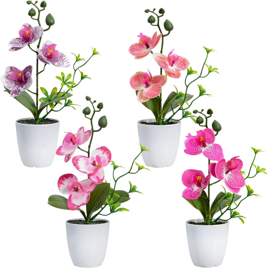 XONOR 4Pcs Artificial Orchid Flowers Mini Potted Orchid Flowers Fake Orchids with Plastic Vase for Home Office Wedding Table Centerpiece Decoration (Purple&Red)