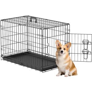 FDW 30inch Dog Crate Pet Cage with Metal Folding Design Plastic Tray Indoor Outdoor Dog Kennel Cage for Small and Medium Dogs,Black