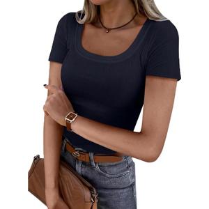 Women Short Sleeve Tops Ribbed Knit Slim Fit U Neck Top Basic Tee Shirts for Summer Casual Trendy Blouse (Large)