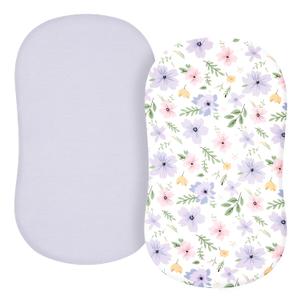 TILLYOU Baby Bassinet Sheets for Girls Boys 2 Pack Baby Sheets for Square Rectangle Oval Bassinet Mattress 33X16 Inch, Brilliant Little Flowers and Purple