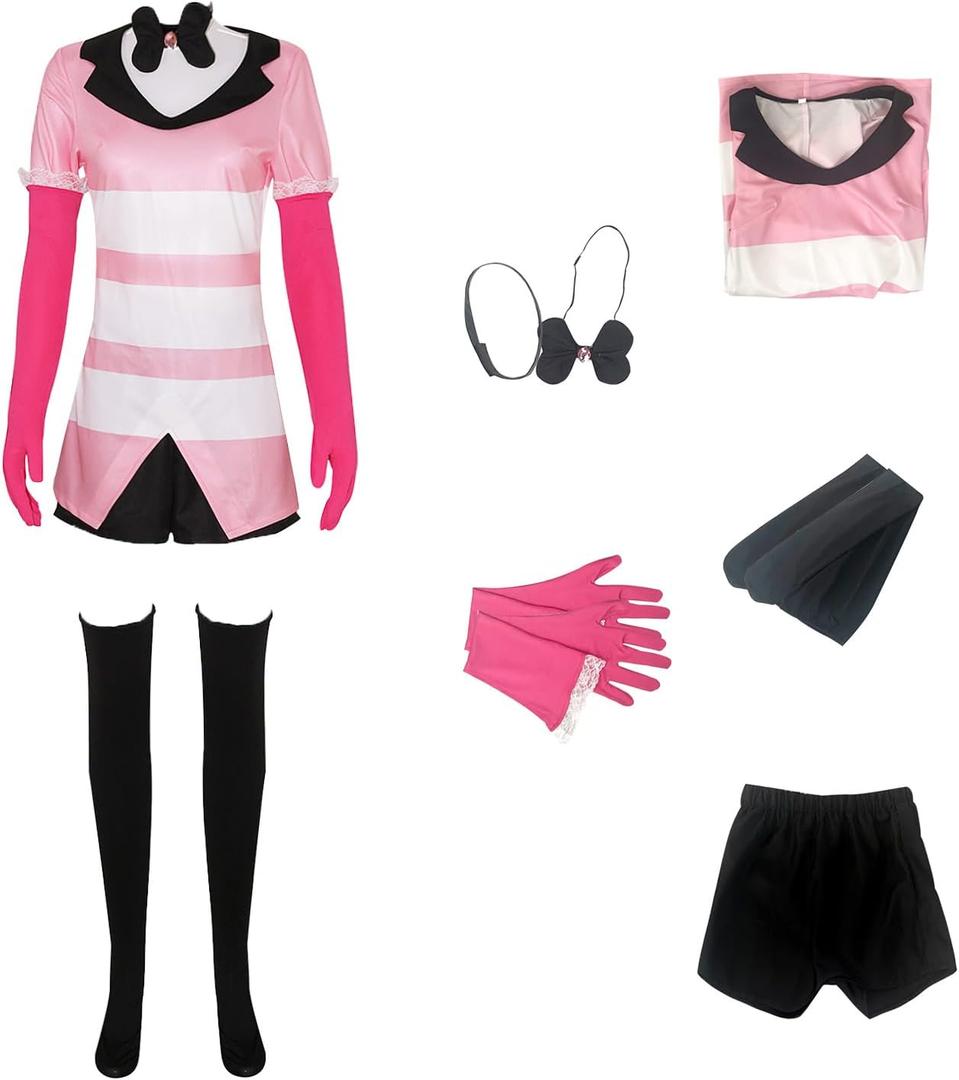 Angel Dust Costume Hotel Angel Dust Red Sweatshirt Shorts Stockings Outfits Halloween Suit for Women (Pink, L)