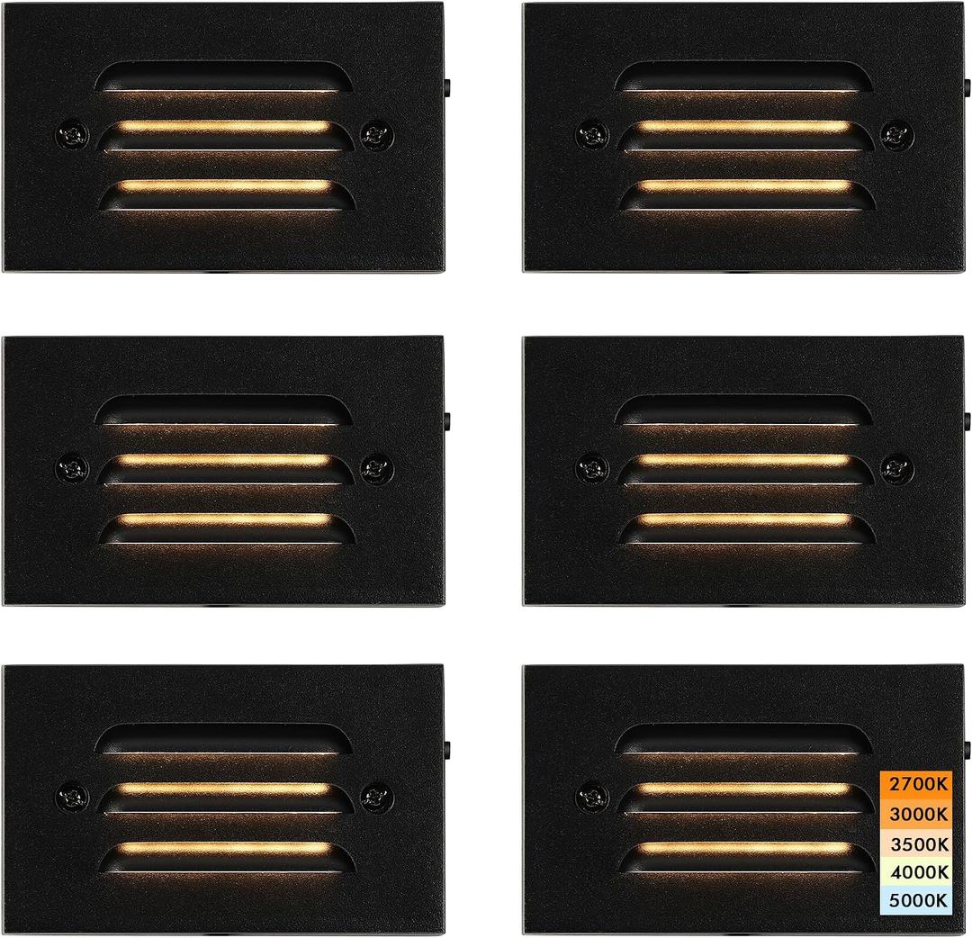 CLOUDY BAY 4 Inch 5CCT 12V 4W Low Voltage LED Step Light with Horizontal Louvered Faceplate for Steps Decks Stairs,Outdoor Stair Lights,Wet Locations,6 Pack,Black
