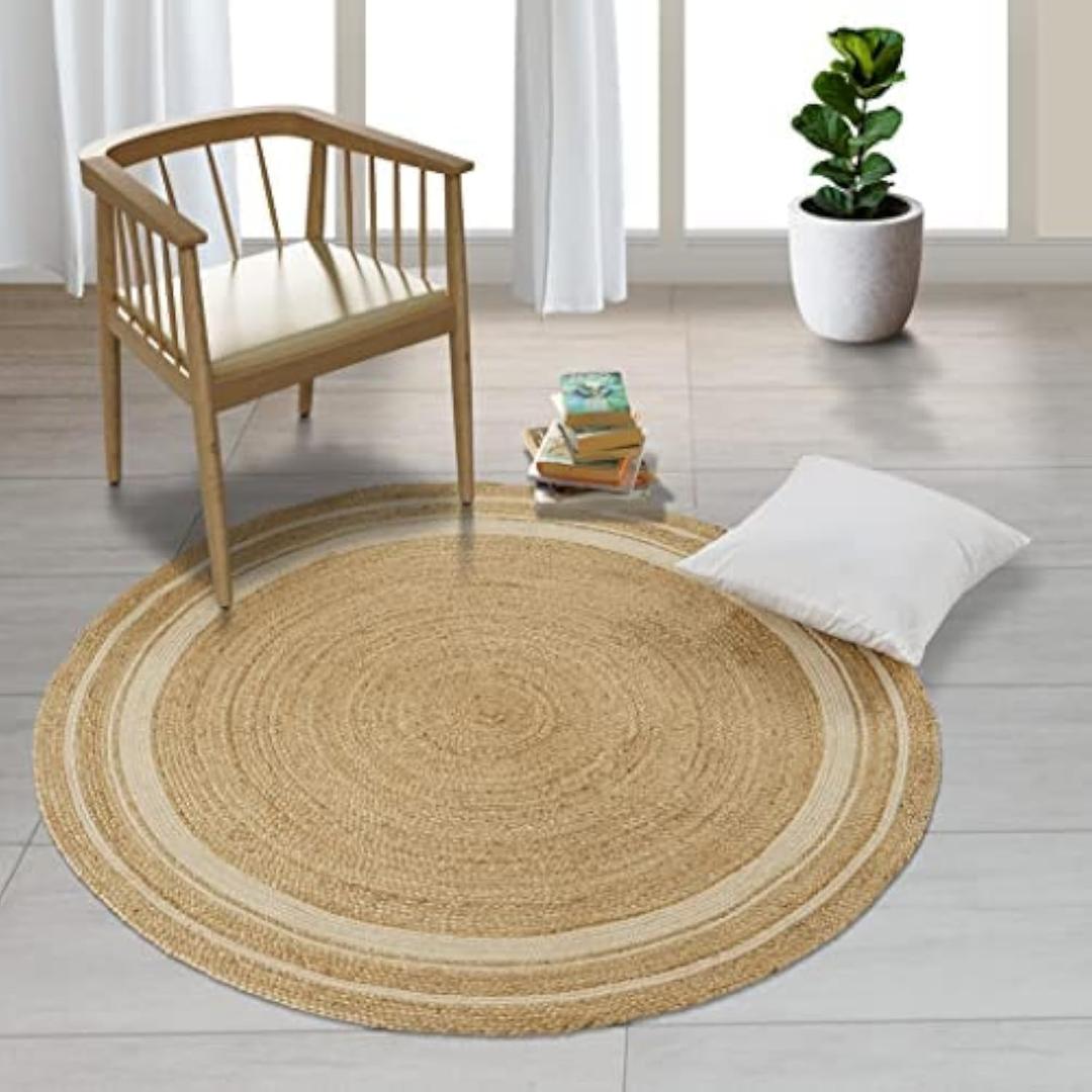 GRUHUM Handwoven 5ft Jute Area Rug Natural Fiber Cotton Round Boho Farmhouse Rustic Vintage Soft Braided Reversible EcoFriendly Rugs- Indoor Kitchen Bedroom Living Room Hallways (5' ft Round)