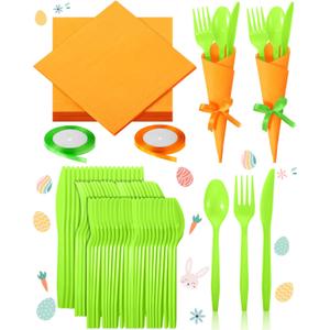 Domensi 24 Sets Easter Party Supplies Tableware Easter Utensils Plastic Cutlery Cocktail Carrot Napkins Spoons Forks Knives and Satin Ribbon (Orange and Green)