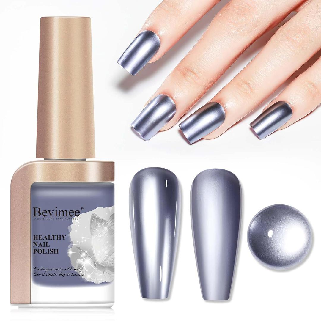 Chrome Nail Polish Metallic Mirror Effect, Air Quick Dry Holographic Nail Lacquer Silver Purple Regular Color for Finger Toe Nail French Manicure Art (ZJY053-Non Gel)