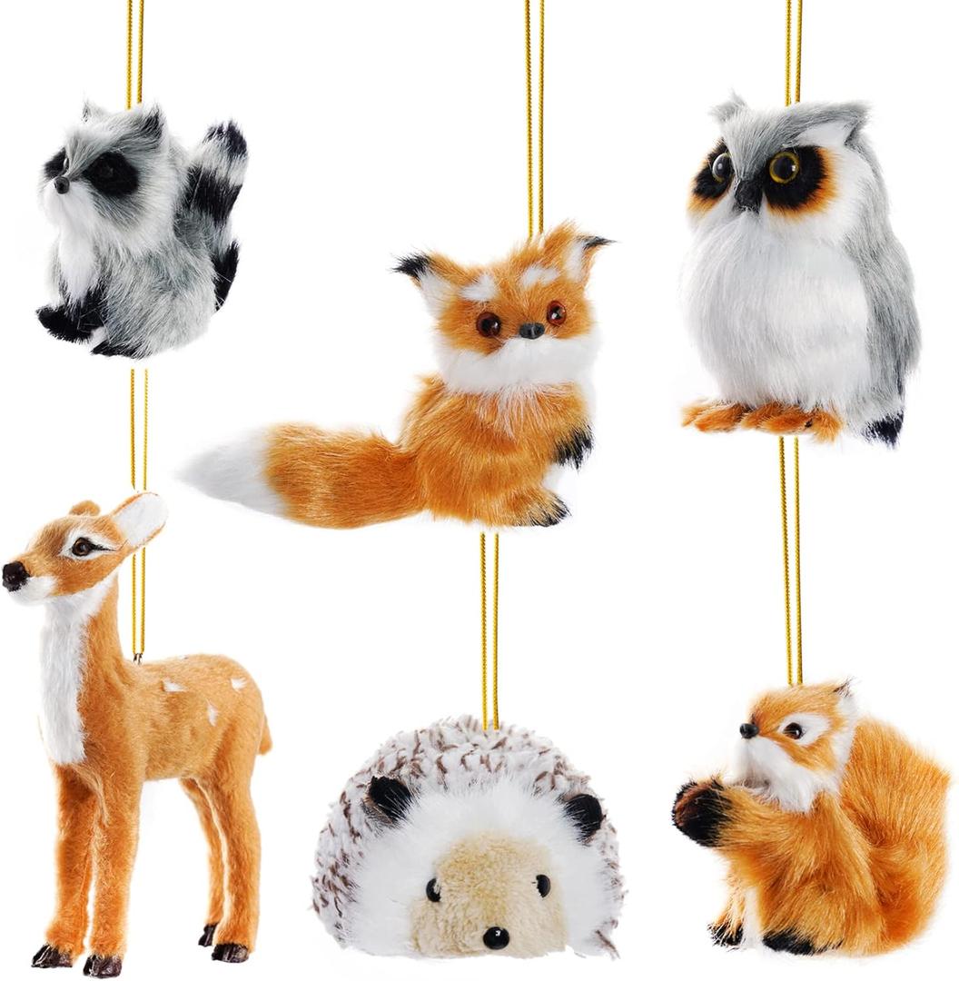 Choyaxo 4 Pack Plush Animal Ornament Hanging Ornament for Christmas Tree Cute Christmas Ornaments Woodland Animal Deer, Fox, Raccoon, Owl, Hedgehog and Squirrel