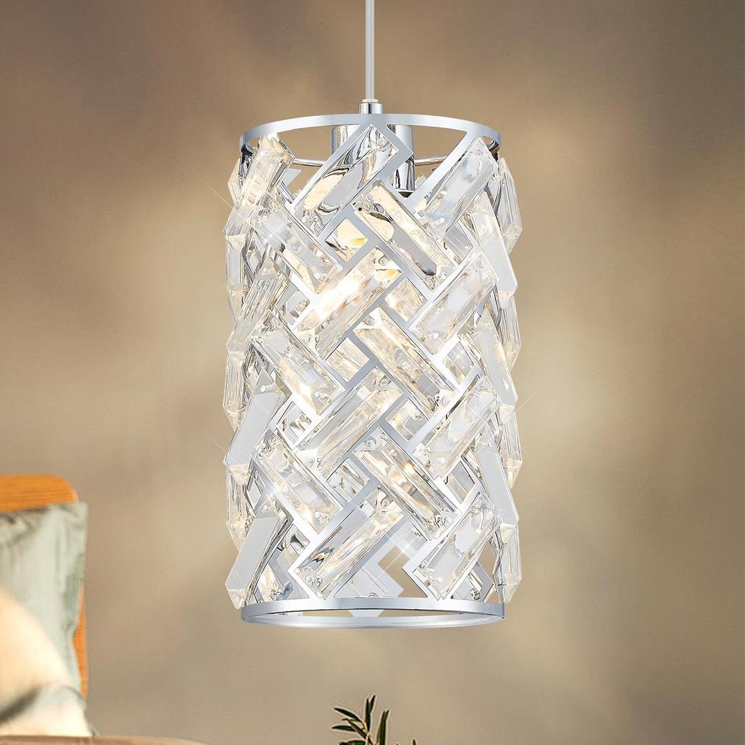Modern Chrome Crystal Pendant Light Fixture Adjustable Mini Chandelier Hanging Light for Kitchen Island, Dining Room, Bedroom, Hallway, or Foyer