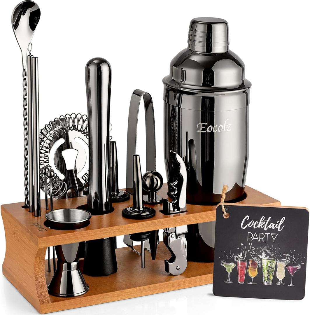 Bartender Kit Cocktail Shaker Set with Stand Bar Tool Bar Set for Drink Mixing Home Bartending Kit 17-Piece Bar Cart Accessories: Martini Shaker, Mixer Spoon, Jigger, Muddler, Strainer & Recipes Gifts (Black Cobbler - 17pcs)