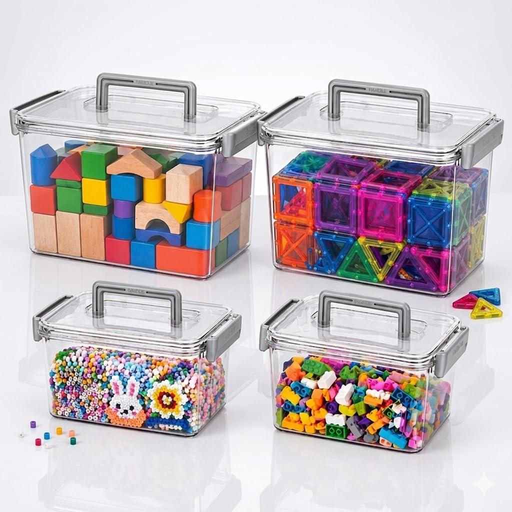 Plastic Storage Containers And Organization Bins Box Stackable with Lid and Secure Latching Buckles, Clear Clip Box For Kitchen or Pantry Storage Cabinet 4 PACK