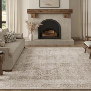 8x10 Washable Area Rug Beige Vintage Neutral Distressed Large Non Slip Carpet for Living Room Bedroom Soft Low Pile Indoor Mat Retro Floral Throw Rug for Dining Room Kitchen Office Nursery