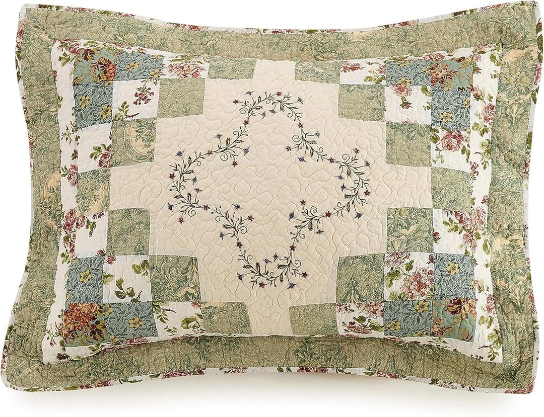 Modern Heirloom Olivia Embroidered Quilted Single Pillow Sham - Standard Size Sham, Green/Cream