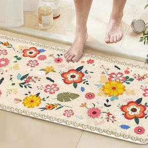 Long Bathroom Runner Rug 60x120CM Beige, High Absorbency Bath Mat Slip-Resistant Washable Floral Bath Mat for Bathroom Kitchen Laundry Room - Modern Flowers Pattern Carpets