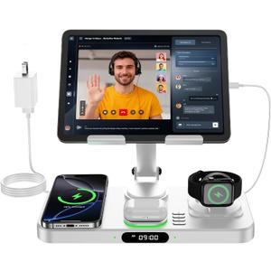 6 in 1 Wireless Charger for Apple Multiple Devices, Charging Station with Clock &7 Color Ambient Light, Foldable Rotate Stand for iPad, for iPhone17/16/15, Support for Apple Watch11/10 For AirPods4 (Ivory)