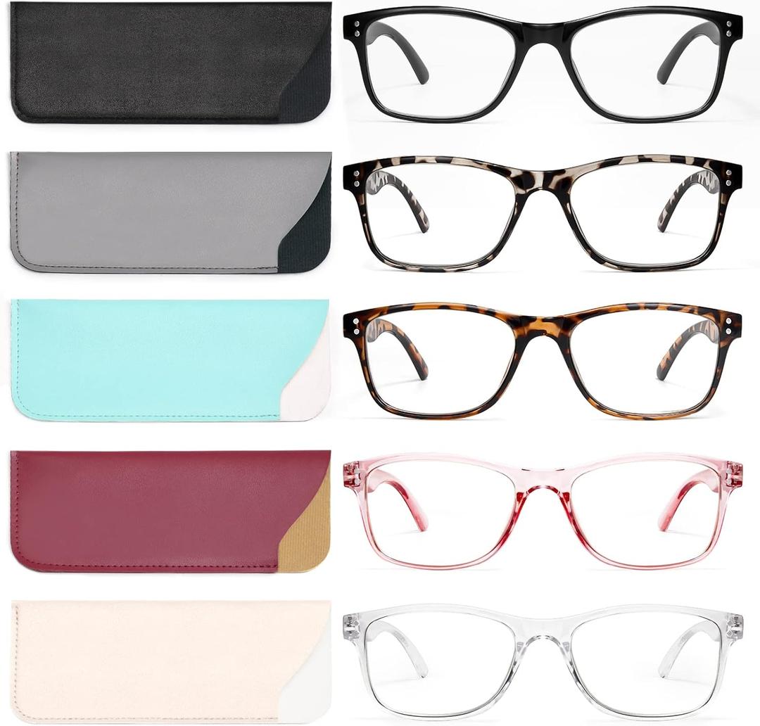 Reading Glasses Blue Light Blocking, Computer Glasses for Women Men, Fashion Square Eyeglasses 5 Pairs