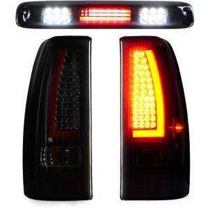 LED Tail Light + 3rd Brake Light Kit Fit for Chevy Silverado 1500 2500 HD 1999-2002, for GMC Sierra 1500 2500 HD Fleetside 1999-2003, Taillights and High Mount Stop Light, 3 Pcs, Smoke Lens