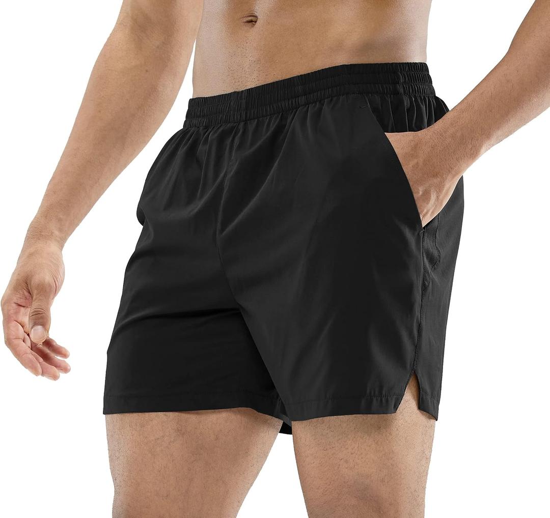 MIER Men's Workout Running Shorts Quick Dry Active 5 Inches Shorts with Pockets, Lightweight, Breathable (Medium, Black Without Zipper)