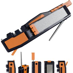 Orange Ninja Pocket Field Knife Sharpener  8-in-1 Camping & Hunting EDC Knife Sharpener with Guided Diamond Whetstones, Leather Strop, Fire Starter & Diamond Rod