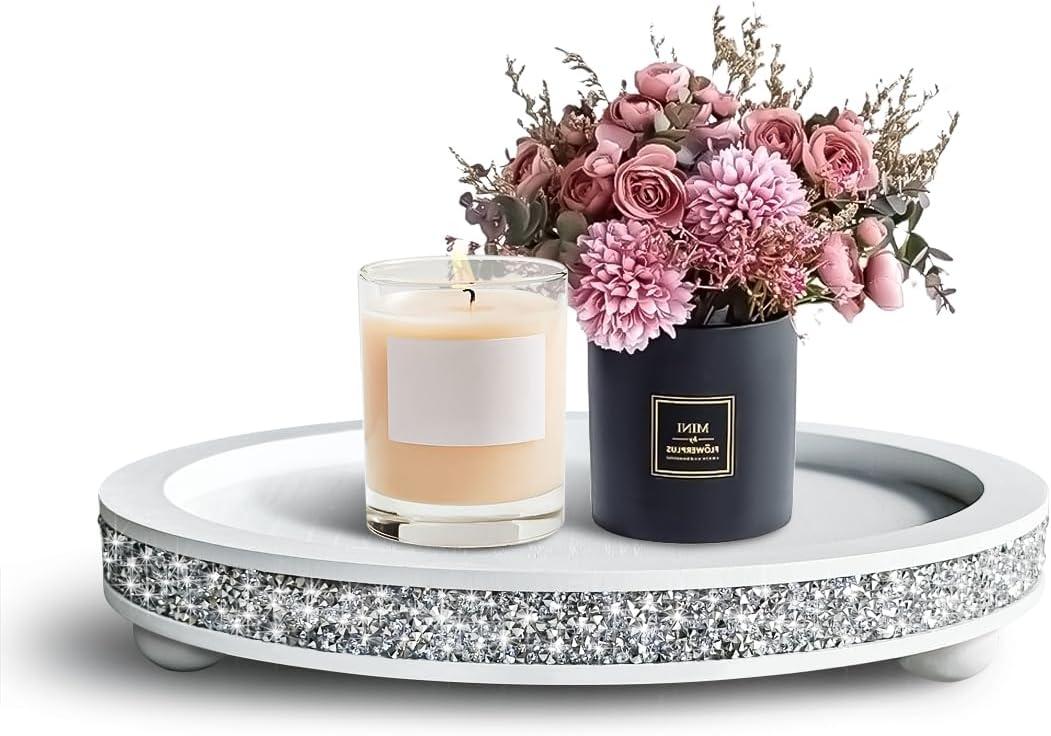 12 inch Round Wood Tray, Acrylic Diamond Decoration, Decorative Tray for Living Room, Coffee Table or Kitchen Table Service Tray, White