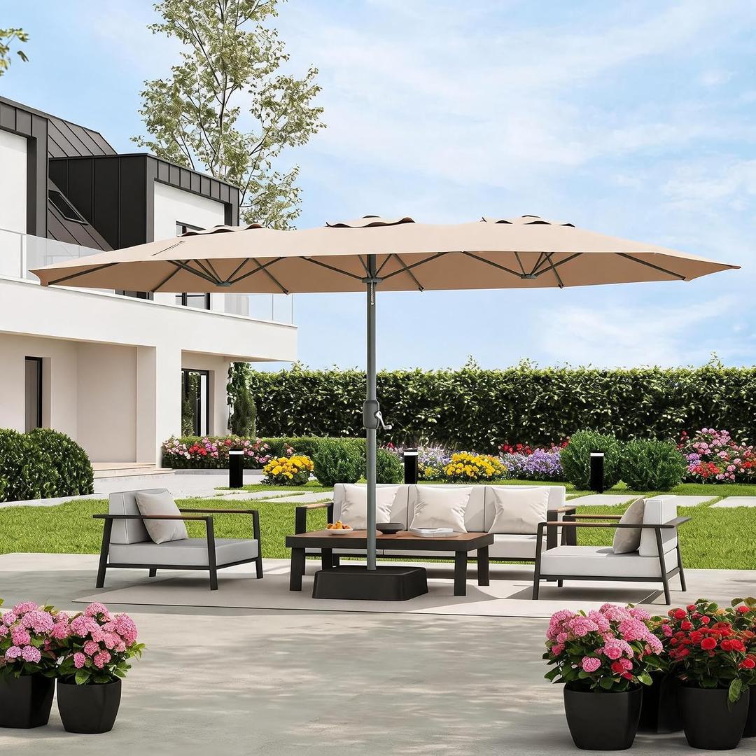 9x15 ft Large Outdoor Umbrella with Base, Extra Wide Patio Umbrella with UV Protection, Heavy Duty Backyard & Pool Umbrella with 12 Ribs for Garden Patio Balcony