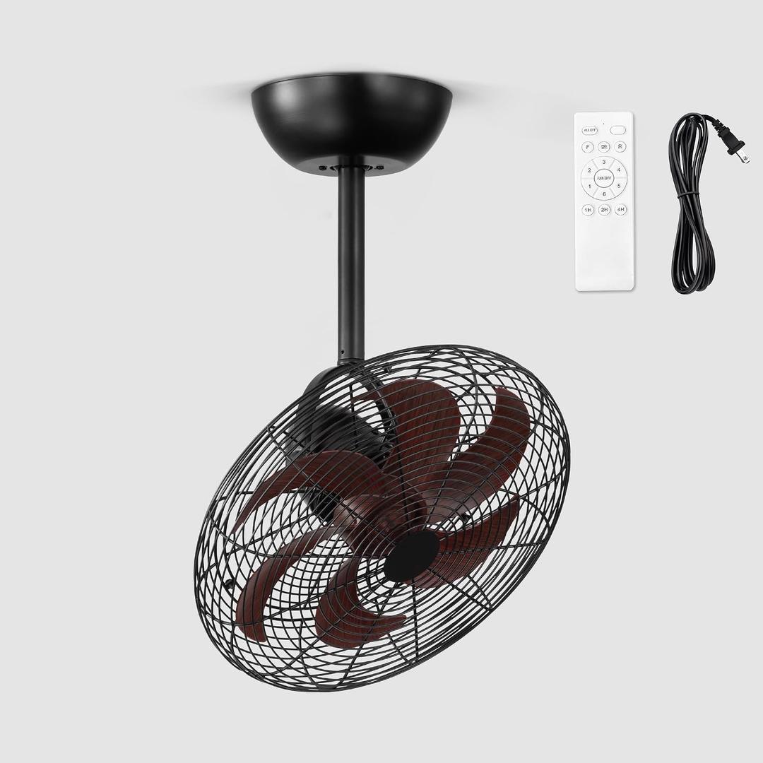 LEDIARY Wall Mount Fan with Remote 16 Inch Small Ceiling Fans with Plug in Cord, 6 Speed, Adjustable Tilt, Wall Mounted Fan Indoor Tabletop for Garage Shop Corner-Walnut
