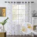 Gold Foil Print Voile Sheer Curtains, Leaves Grommet Top Window Drapes 90 Inches Long, Luxury Metallic Bronzing Treatment Panels for Home Window Decoration, 2 Panels