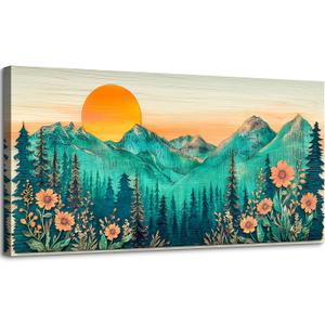 SLYCAY Large Green Mountain Wall Art for Living Room, Abstract Boho Sunset Teal Forest Floral Landscape Canvas Painting Pictures Wall Decor, Bedroom Office Hallway Prints Artwork 24"X48"