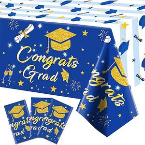 HOUSE OF PARTY Graduation Tablecloth 3PCS | 54"x108" Blue Congrats Grad Tablecloths | Grad Tablecloth Class of 2025 | Party Table Cover Fireworks Design for Table Decorations