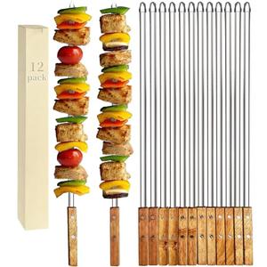 Vokop 12 Pack Kebab Skewers 23.5 Inch Stainless Steel Grilling BBQ Skewer Reusable Barbecue Skewers Flat Stick with Wood Handle,Ideal for Koubideh Brazilian Chicken Shrimp Turkish Shish Kabob