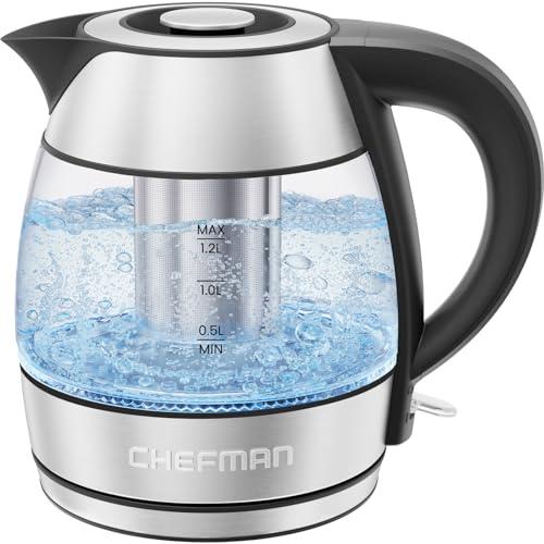 CHEFMAN Electric Kettle - 1.2L 1500W Hot Water Tea Pot with Infuser, BPA Free, Auto Shut Off, Boil-Dry Protection, Removable Lid, LED Light, Cordless Glass Electric Tea Kettle – Stainless Steel