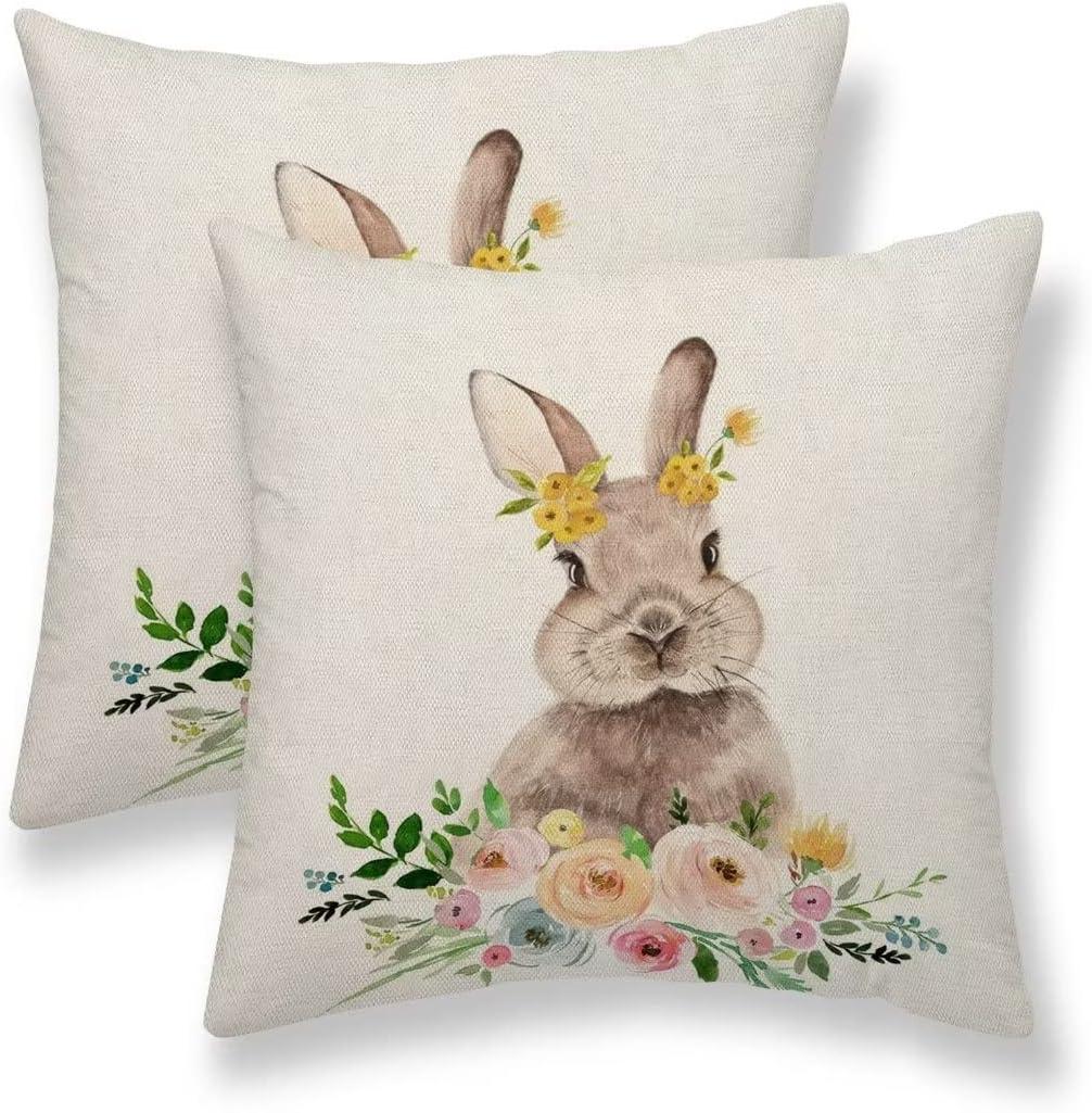 Easter Pillow Covers 18x18 Set of 2, Bunny Easter Floral Throw Pillow Covers Spring Farmhouse Decorative Linen Cushion Cases for Home Sofa Outdoor Decor
