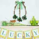 Novabright 15 Inch St. Patrick's Day Shamrock Door Wreath with Green Bow Wooden Clover Green Foam Berries Rustic Wood Hanging Decor for Irish Home Indoor Holiday Outdoor Farmhouse Window