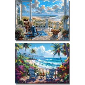 NEGEKFKX 2 Pack Beach Paint by Numbers Kit for Adults Beginner,Easy Adult Paint by Number Kits on Canvas DIY Painting for Beginners Art by Numbers for Home Wall Decor 16x12 Inch