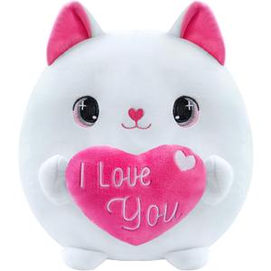 Cat Plush White Cat Stuffed Animal Toy Holding Heart with I Love You, Valentine Plush with Pink Heart for Mother's Day, Girlfriend Valentine Party Favor(White, 10 Inch)