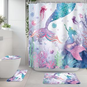 Riyidecor Mermaid 4Pcs Bathroom Shower Curtain Sets Cute Girls Kids Ocean Bathroom Decor Set with Rugs and Accessories Green Purple Fish Coral Toilet Lid Rug, Contour and Bath Mat with 12 Hooks