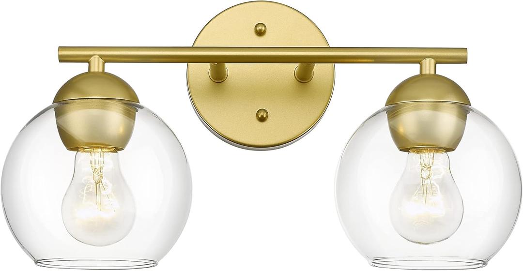 Emak 2-Light Gold Bathroom Light Fixtures Over Mirror, Globe Bathroom Vanity Light with Clear Glass Shades and Gold Finish, VL114-GD-2