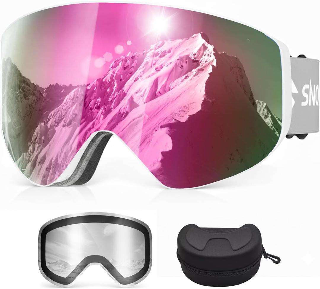 Snowalva Ski Goggles, Snowboard Goggles with 2 UV400 Anti-Fog Detachable Magnet Lenses for Men & Women Adult (Ver.2 Cherry(vlt 11.5%)+clear(vlt 83.5%))