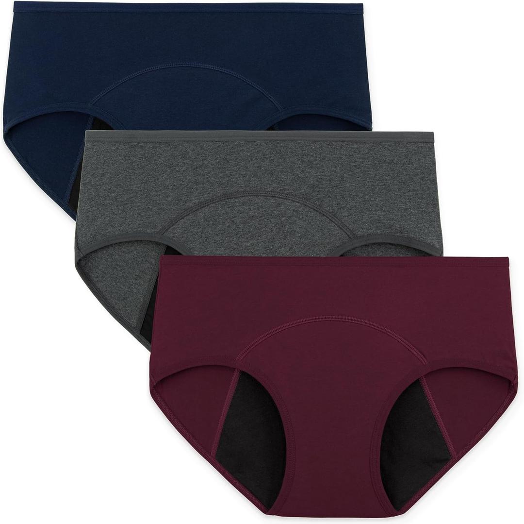 INNERSY Period Underwear for Women Teens Leak-Proof Menstrual Cotton Protective Hipster Panties 3-Pack (Large, Light Flow (Dark Vintage))