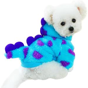 Dinosaur Dog Clothes for Small Dog Girl Boy,Fleece Winter Puppy Hoodies with Leash Ring,Cold Weather Coat for Cat,Funny Dog Dinosaur Costume for Christmas Halloween. (Blue-2, Large)