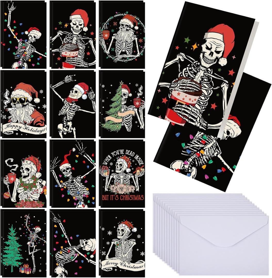 24 Pack Skeleton Christmas Cards + Envelopes, Spooky Gothic Christmas Cards Bulk 4 x 6 Inches Skeleton Greeting Holiday Retro Goth Xmas Card with Seal Stickers, 12 Styles (Wacky)