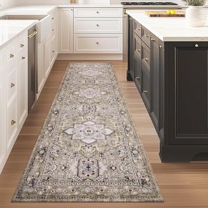 PURRUGS Vintage Farmhouse Boho Runner Rug 2x8 ft, Non-Slip Machine Washable Rug, Accent Oriental Area Rug for Kitchen, Hallway, Entryway, Bedroom, Living Room and Dining Room, Taupe/Vanilla
